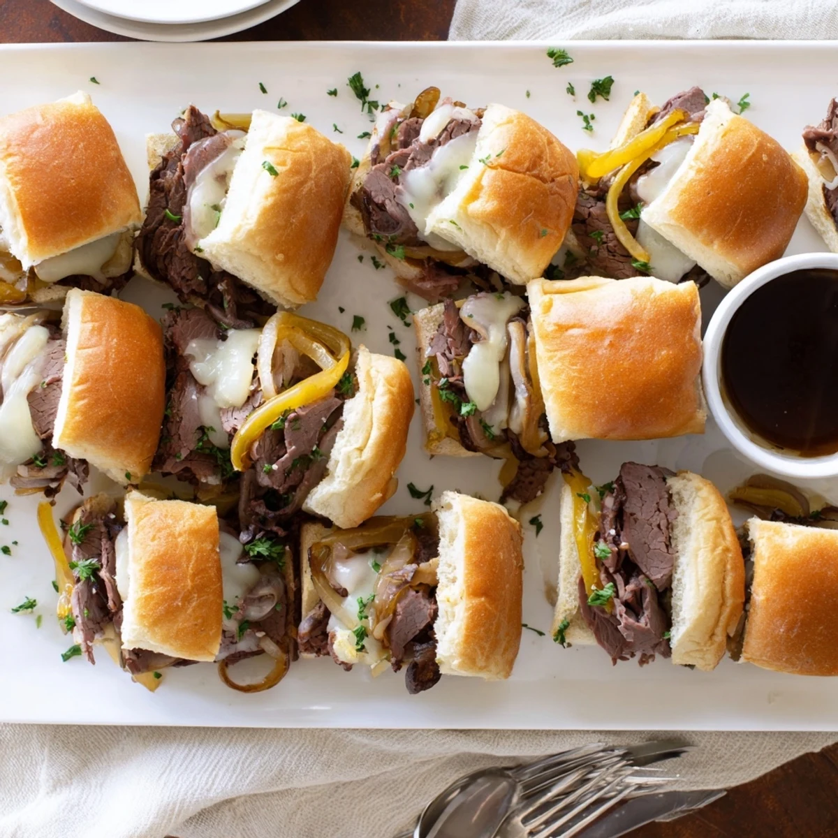 Golden French dip sliders topped with melted provolone and caramelized onions on toasted brioche buns