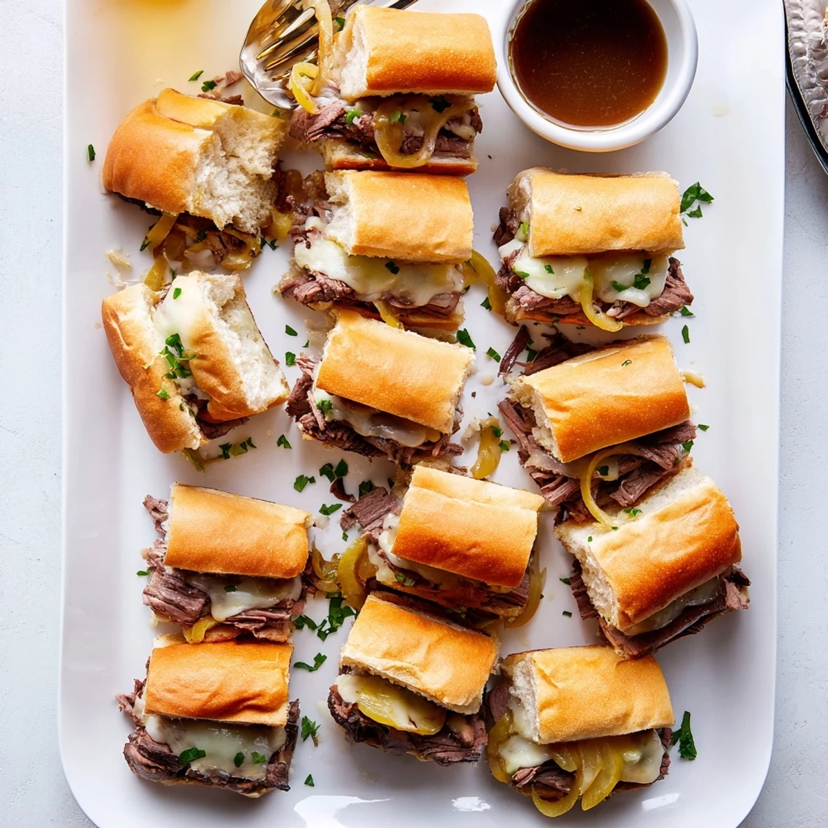 Baked French dip sliders oozing with cheese served alongside rich beef broth for appetizer sandwiches