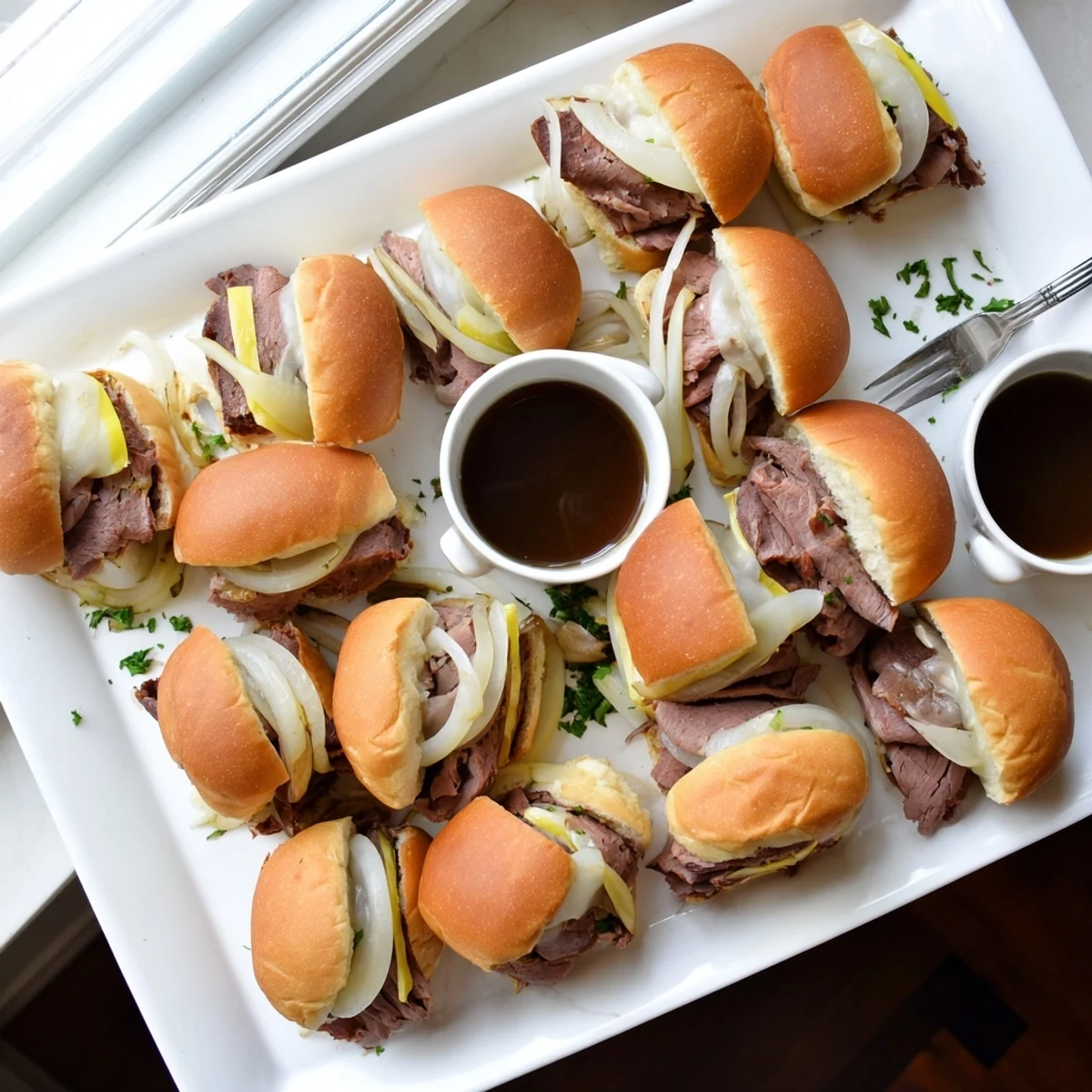 Tender roast beef sliders nestled in soft rolls with savory au jus sauce for dipping