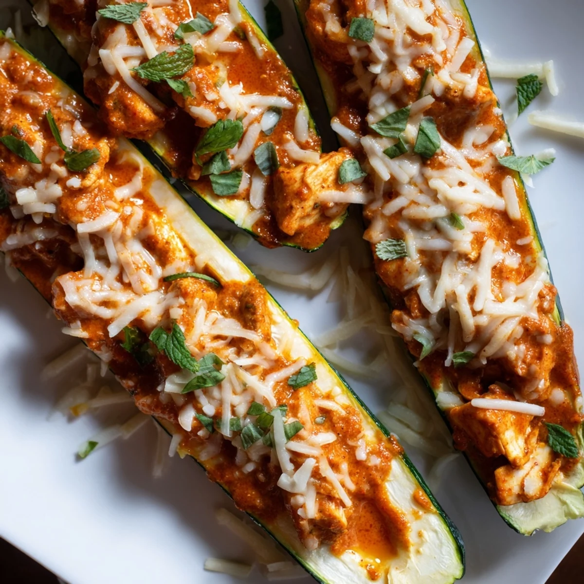 Golden zucchini boats stuffed with creamy spiced butter chicken topped with fresh cilantro