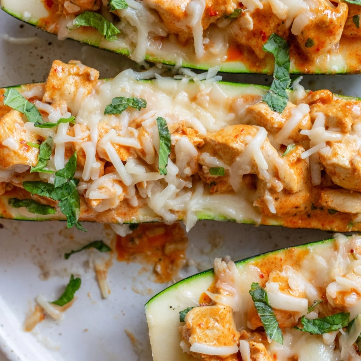 Butter chicken stuffed zucchini boats garnished with chopped mint and cilantro on white plate