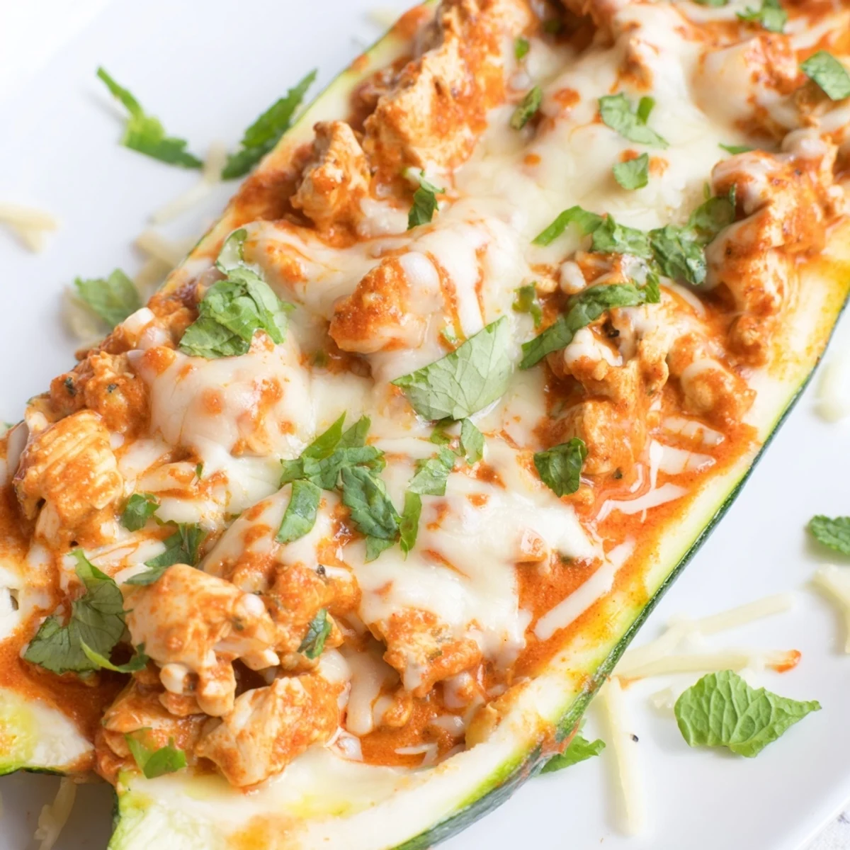 Tender roasted zucchini halves filled with rich Indian butter chicken and melted mozzarella cheese