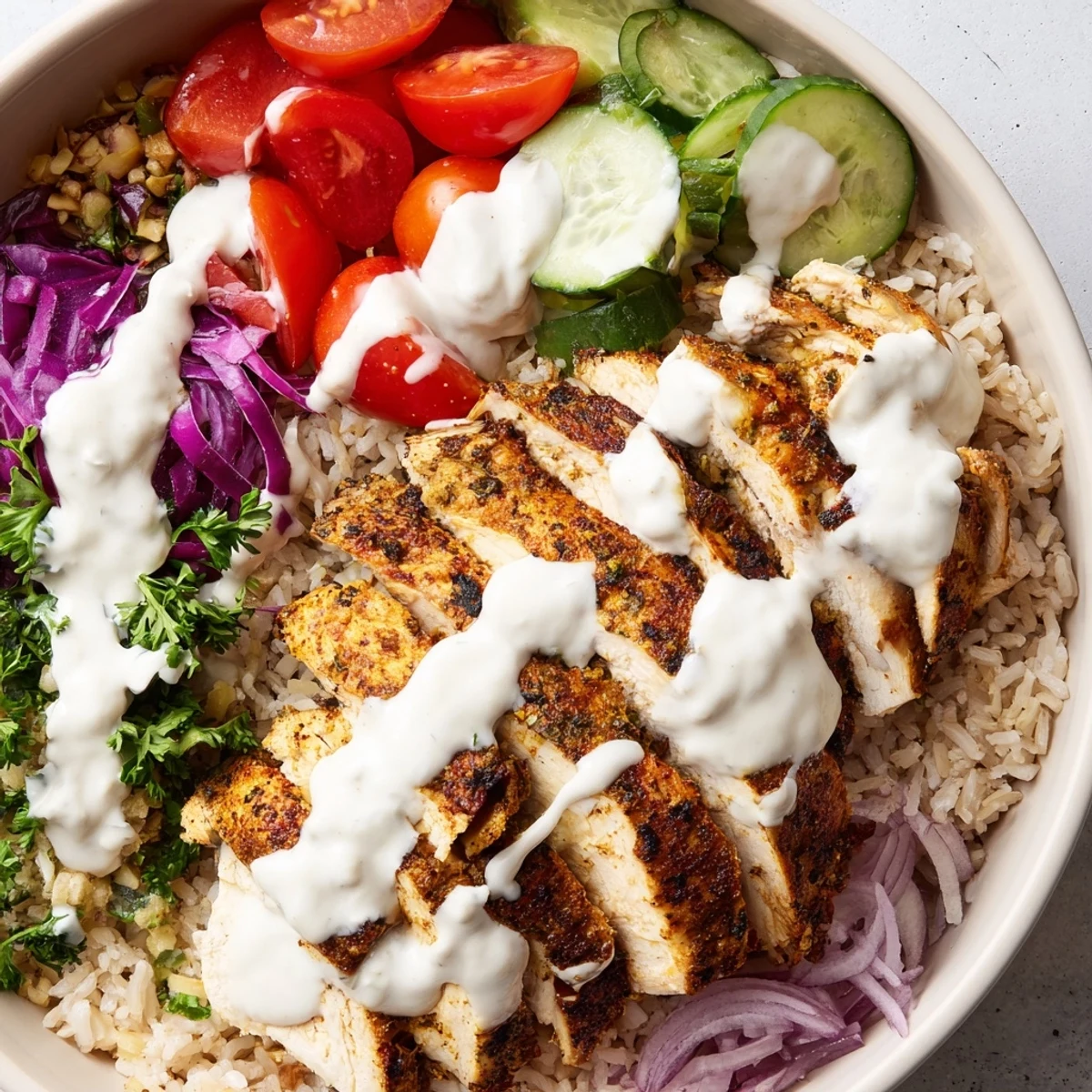 Nutritious Middle Eastern bowl featuring marinated chicken slices with crisp veggies and creamy tahini yogurt sauce drizzle