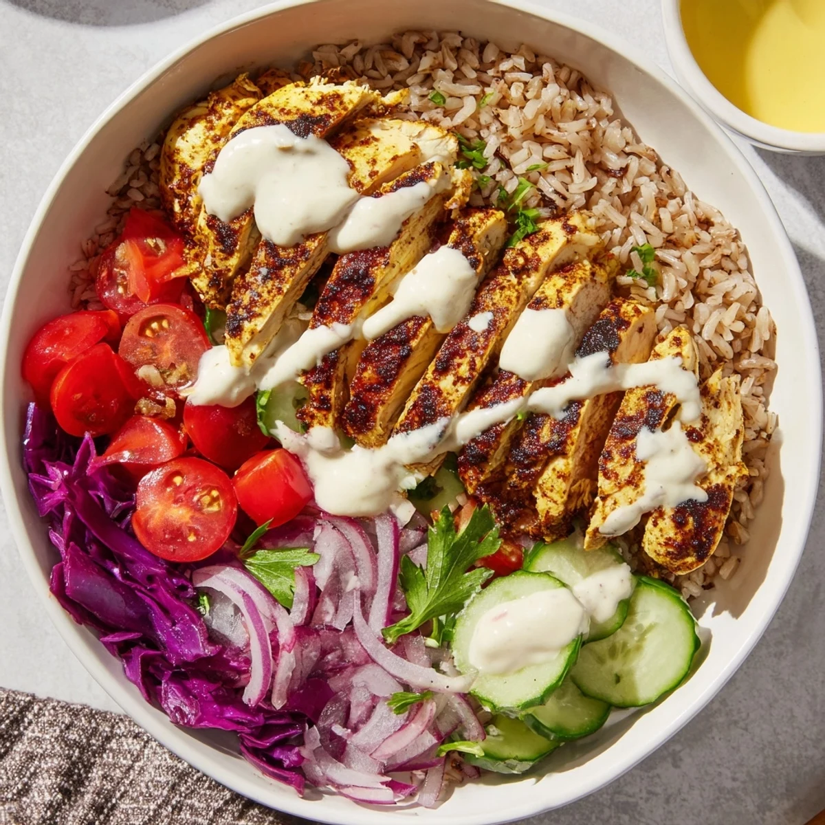 Vibrant healthy chicken shawarma bowl with spiced grilled chicken over colorful fresh vegetables and fluffy grains