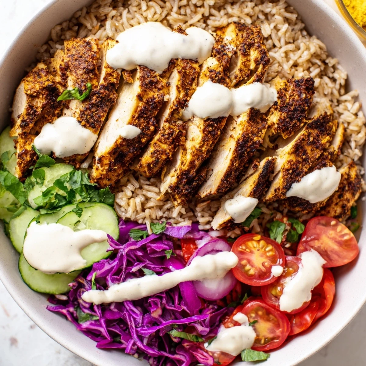 Gluten-free chicken shawarma bowl recipe showcasing tender spiced chicken atop a bed of rainbow vegetables and rice