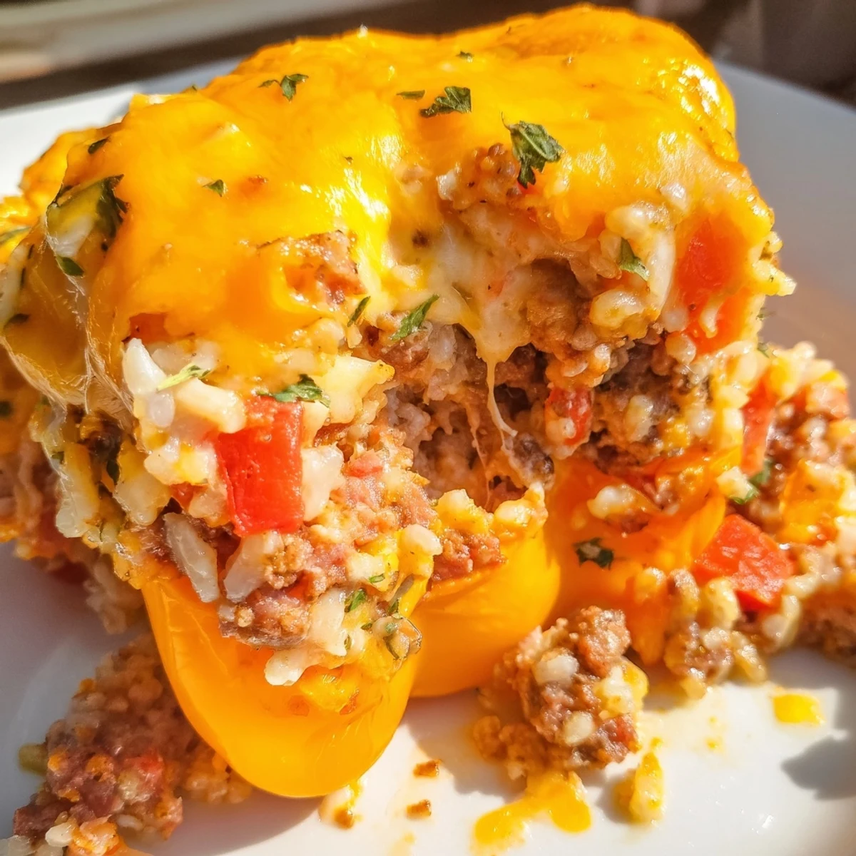 Golden-baked kielbasa stuffed bell peppers overflowing with cheesy beef and rice filling
