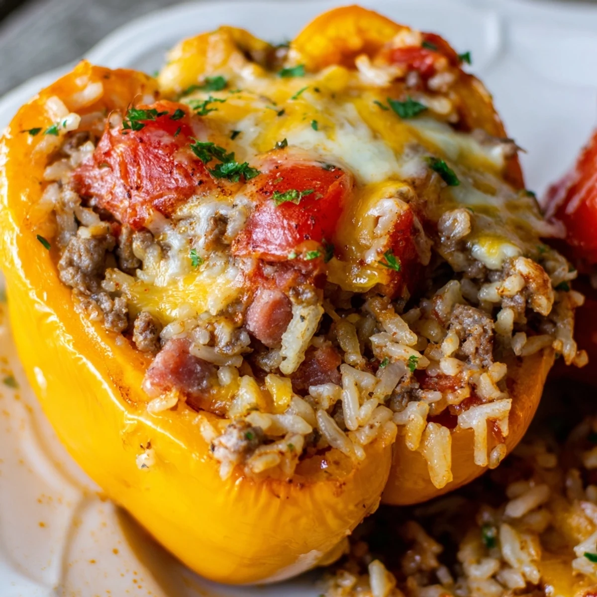 Tender roasted bell peppers packed with savory kielbasa beef rice and melted cheddar