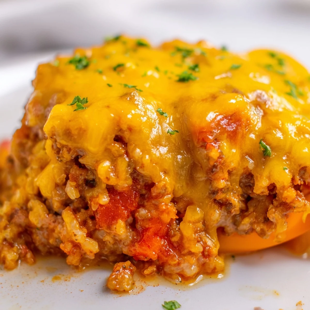 Hearty stuffed peppers featuring kielbasa ground beef rice filling bubbling with golden cheese
