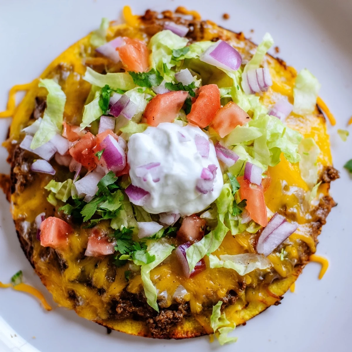 Juicy smashed beef patties layered over bubbling cheese in crispy taco shells on griddle