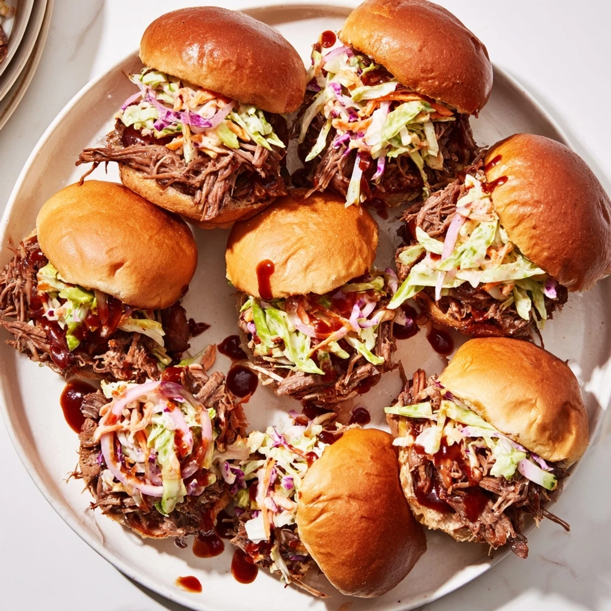 Tender BBQ pulled beef sliders stacked with crunchy coleslaw on toasted brioche buns