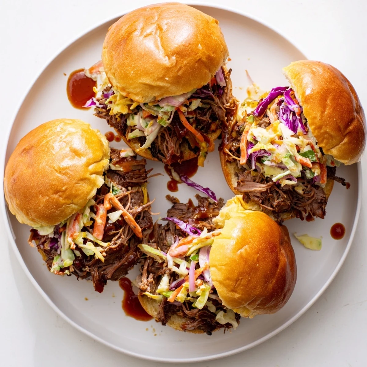 Golden brioche sliders piled high with smoky beef and crisp colorful coleslaw topping