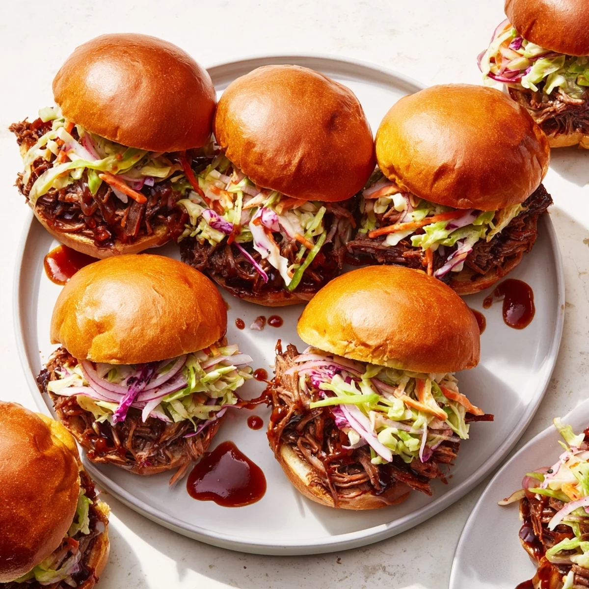 Juicy beef sliders dripping with BBQ sauce topped with fresh coleslaw on soft buns