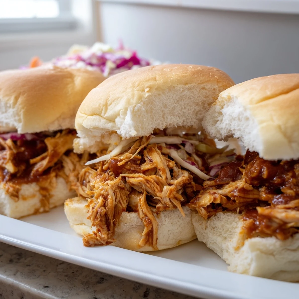 Tender BBQ pulled chicken sliders stacked high on soft, sweet Hawaiian rolls with creamy coleslaw topping.