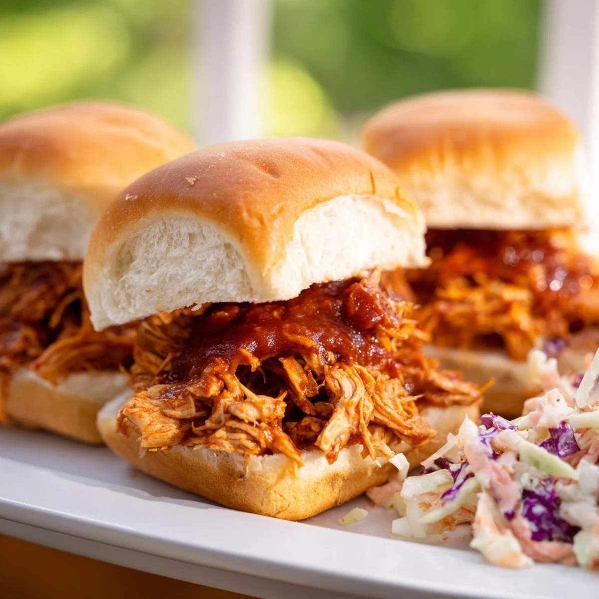 Mouthwatering BBQ pulled chicken overflowing from toasted Hawaiian sweet rolls, garnished with fresh coleslaw for serving.