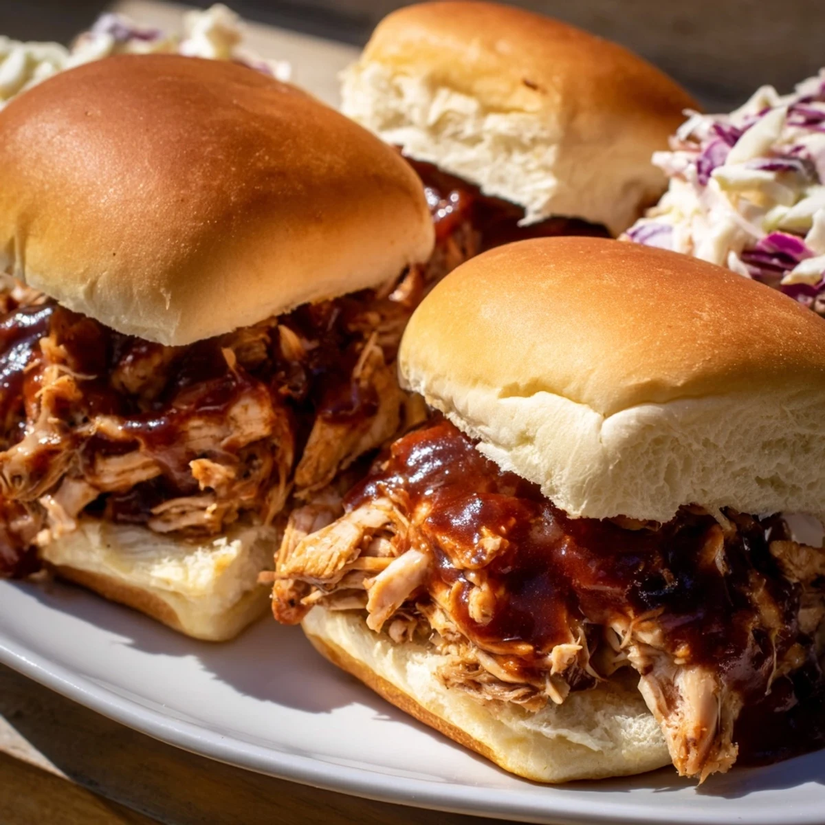 Golden Hawaiian slider rolls piled with smoky BBQ pulled chicken and crisp coleslaw for easy party appetizers.