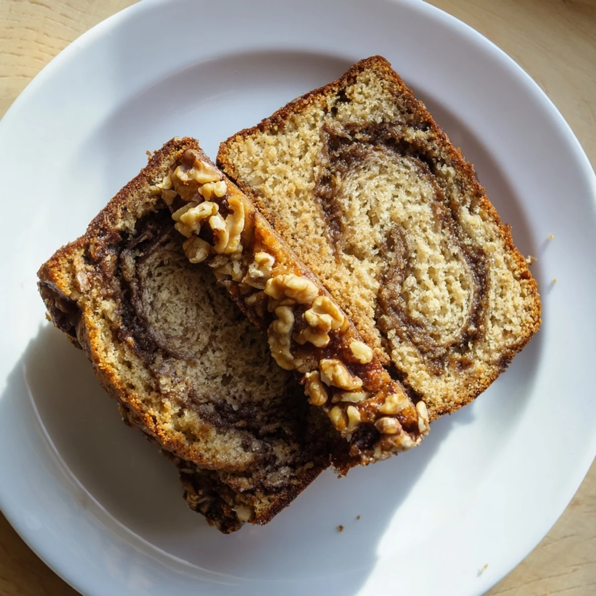 Golden brown banana nut bread loaf sliced to reveal cinnamon swirl and walnuts