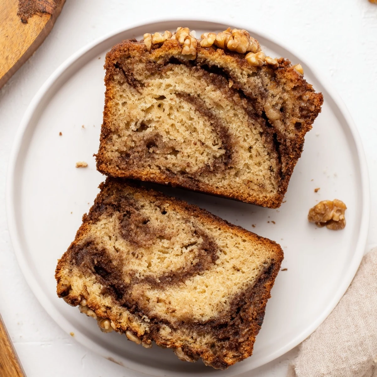 Freshly baked banana nut bread cooling on wire rack with visible cinnamon layers