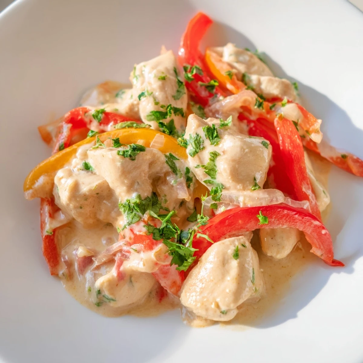 Golden Brazilian coconut chicken pieces swimming in creamy white sauce with vibrant red bell pepper strips and fresh green cilantro garnish