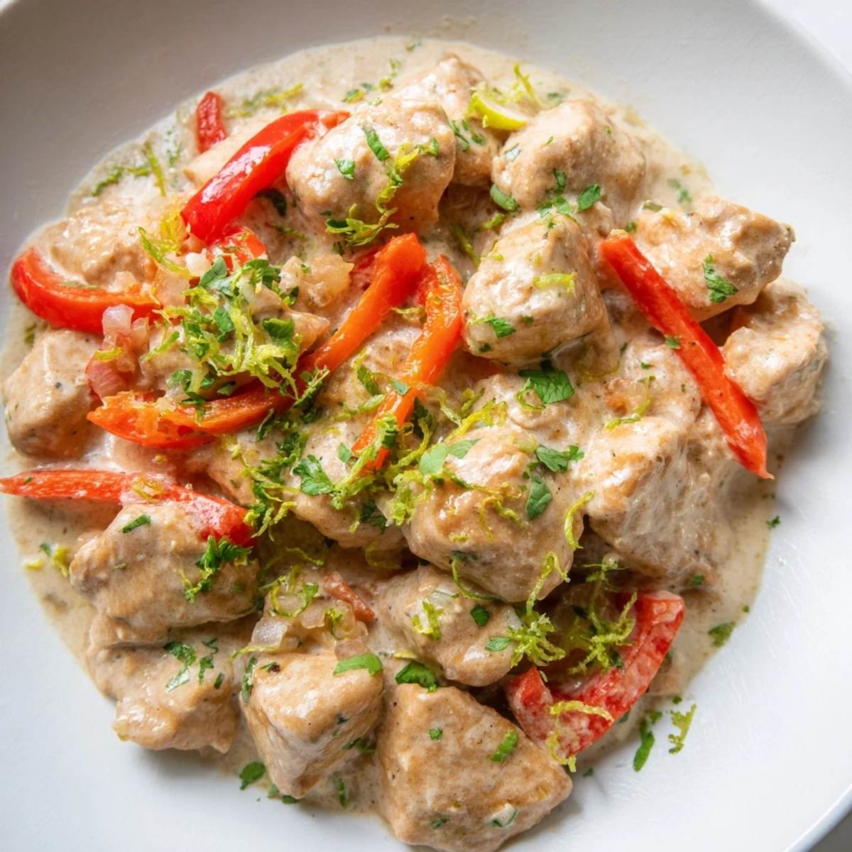 Tender chicken simmered in rich coconut milk sauce with lime wedges and steamed white rice on a rustic wooden table