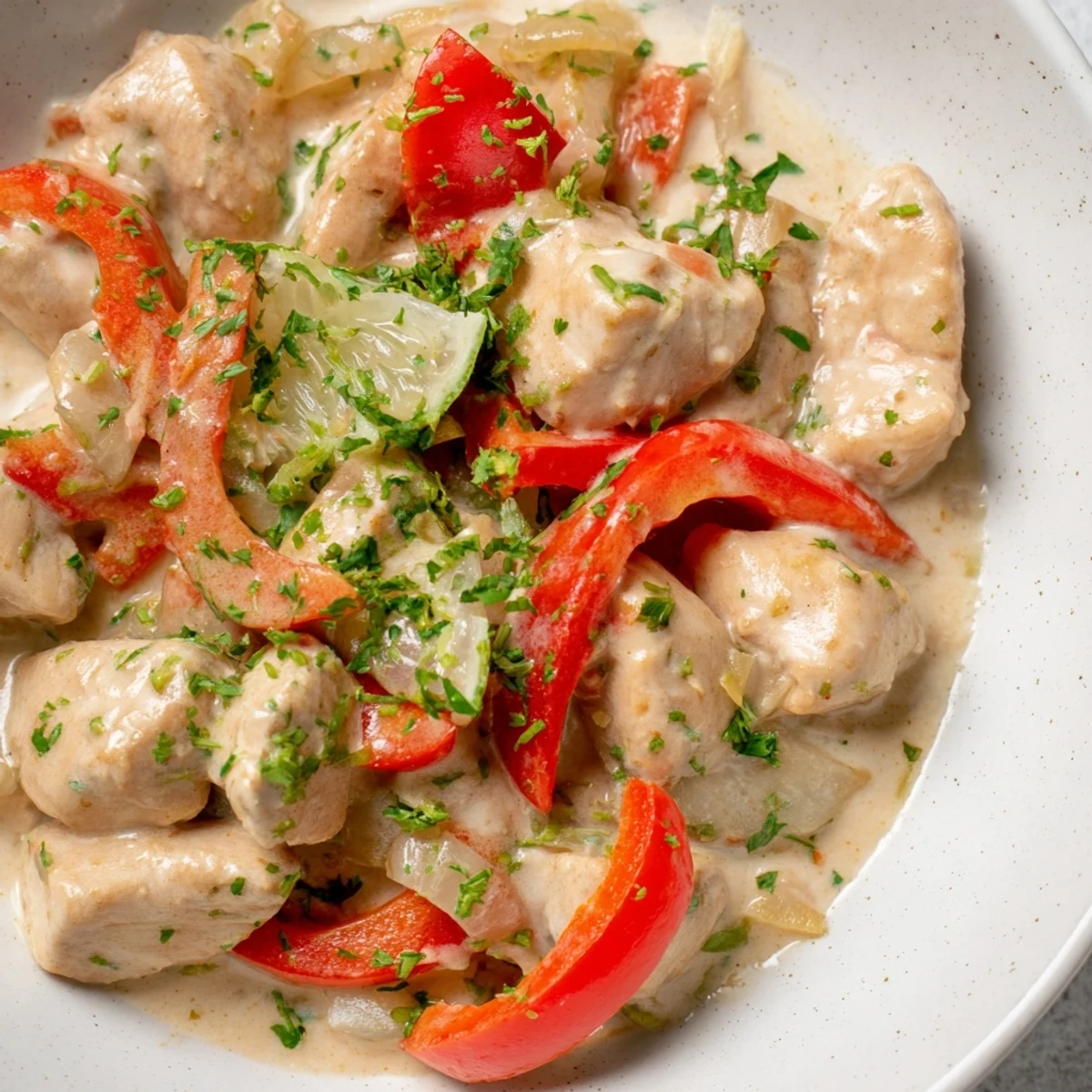 Creamy Brazilian coconut chicken dish served family style with colorful vegetable medley and fragrant cilantro sprinkled over the top