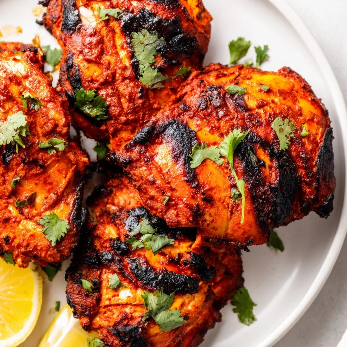 Tandoori chicken served alongside sliced onions featuring tender meat coated in aromatic yogurt spice mixture
