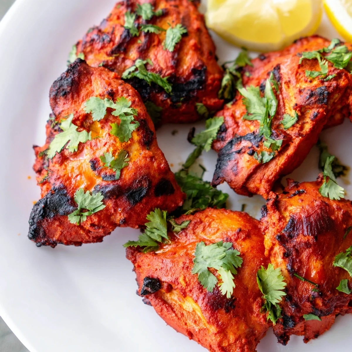 Golden charred tandoori chicken pieces rest on a platter garnished with fresh cilantro and lemon wedges
