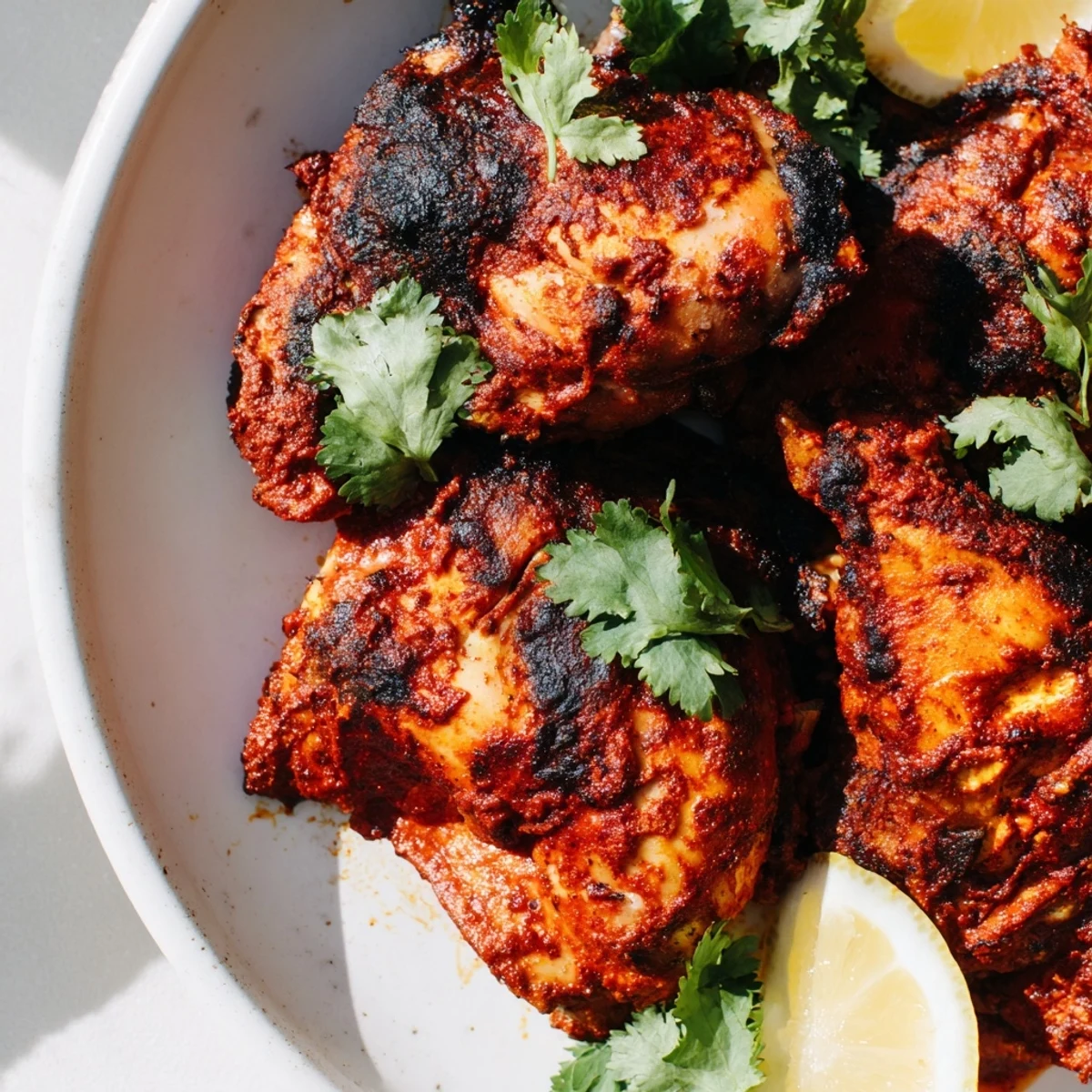 Succulent spiced chicken thighs display a reddish-orange marinade with beautiful grill marks and charred edges
