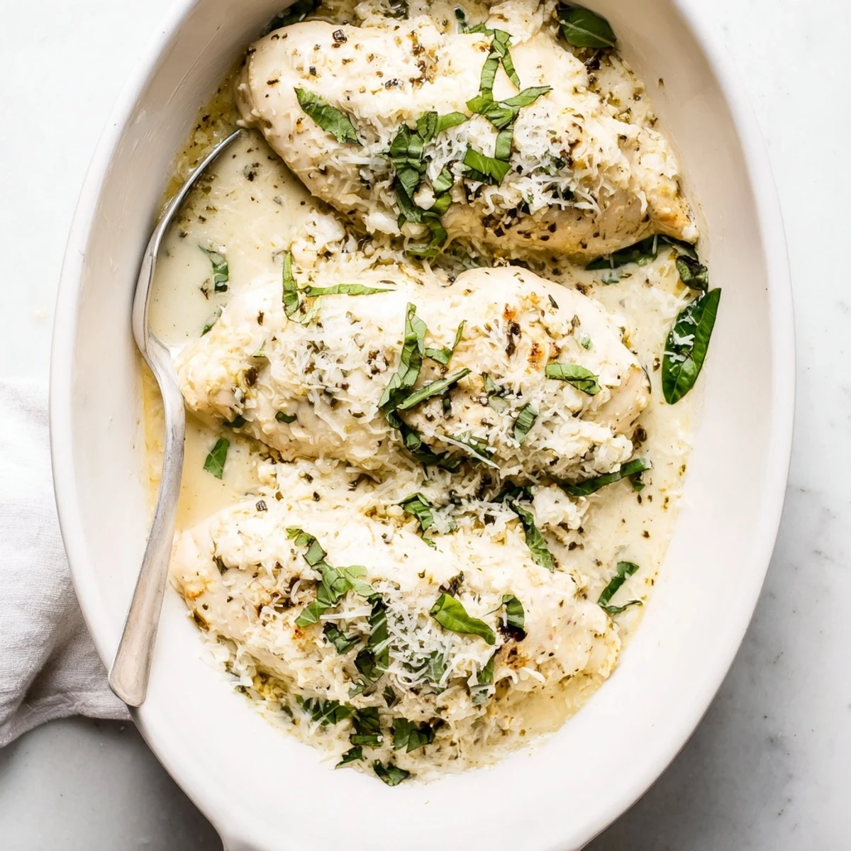 Golden baked ricotta chicken with bubbling cheese topping and fresh parsley garnish