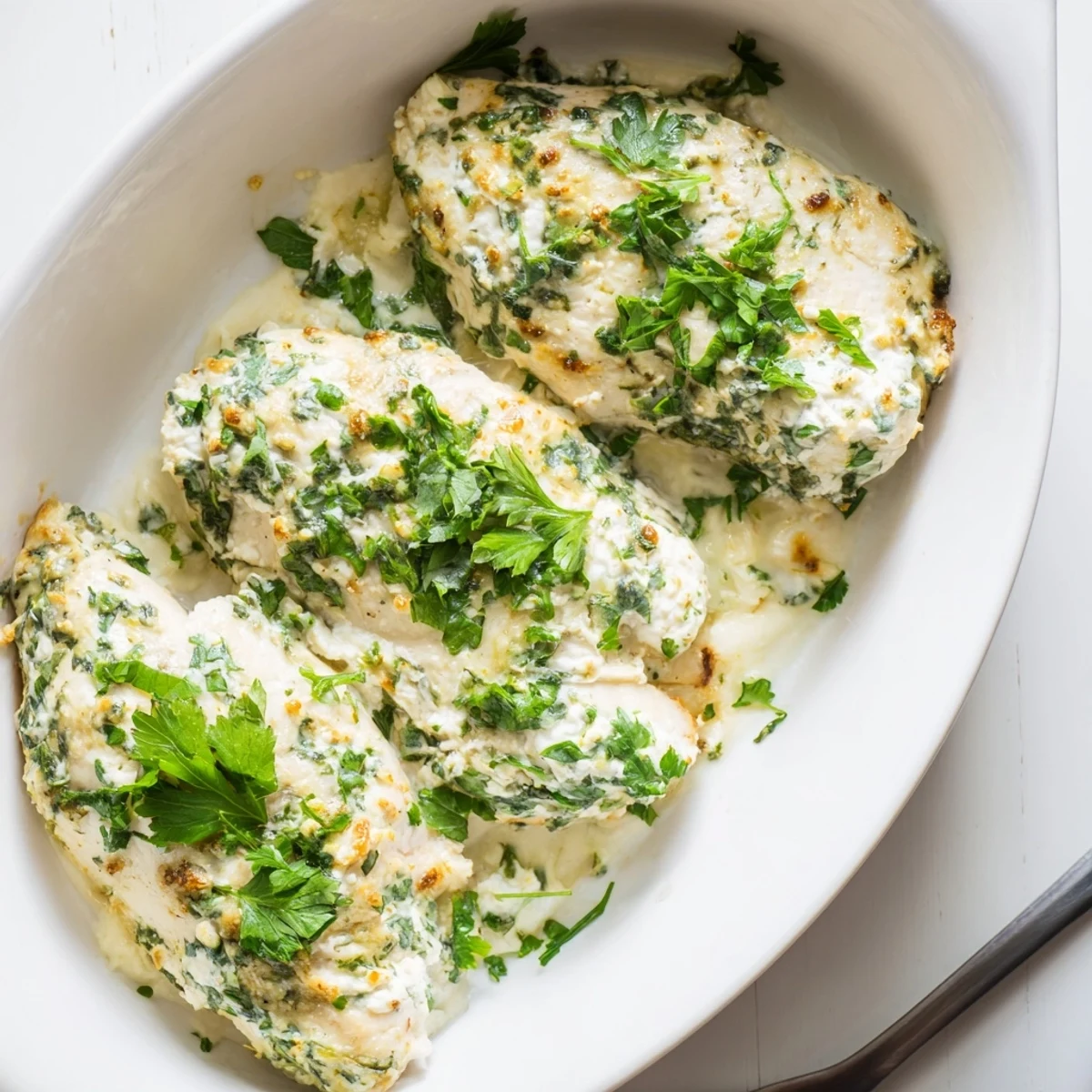 Creamy baked ricotta chicken breasts fresh from the oven with herb crust