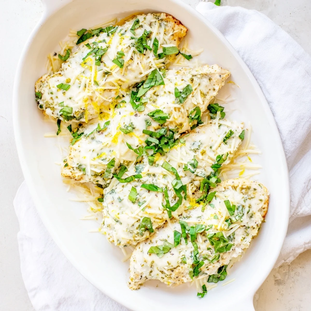 Oven-baked chicken smothered in ricotta and melted mozzarella with golden edges
