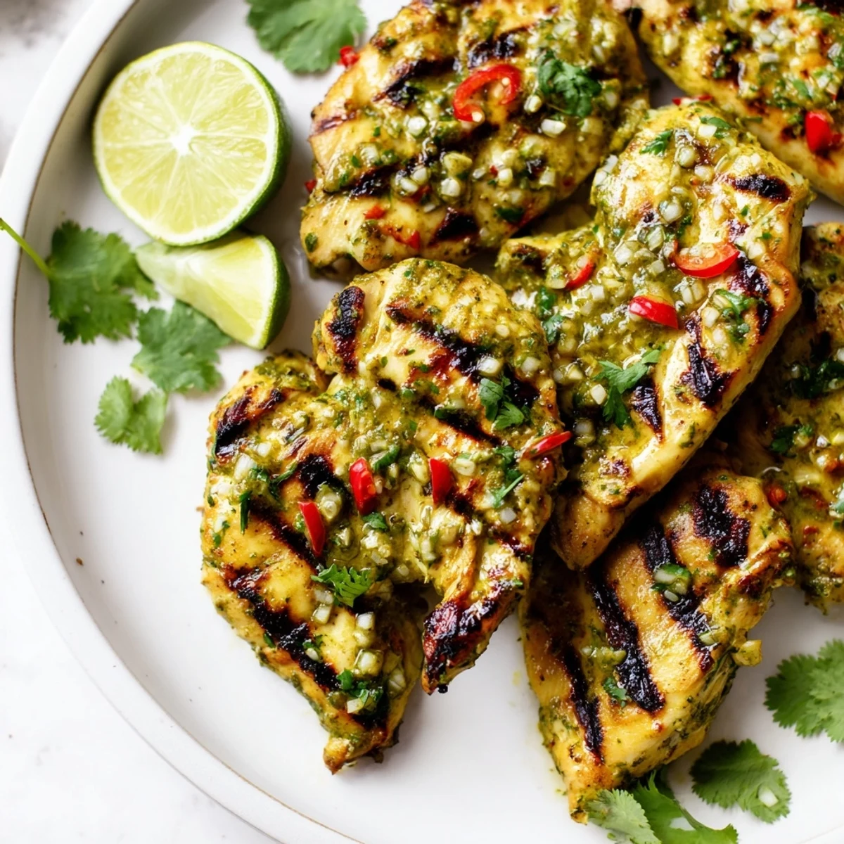 Golden grilled chili lime chicken breasts garnished with fresh cilantro and lime wedges on a white plate