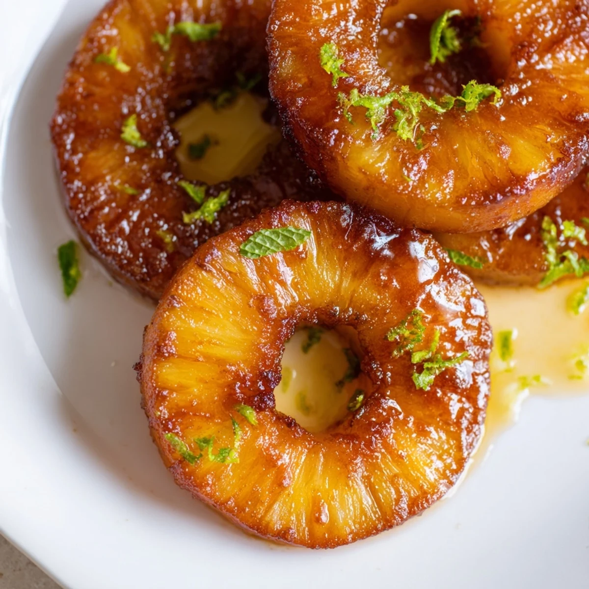 Golden air fryer pineapple rings with caramelized edges dusted in cinnamon sugar and lime zest