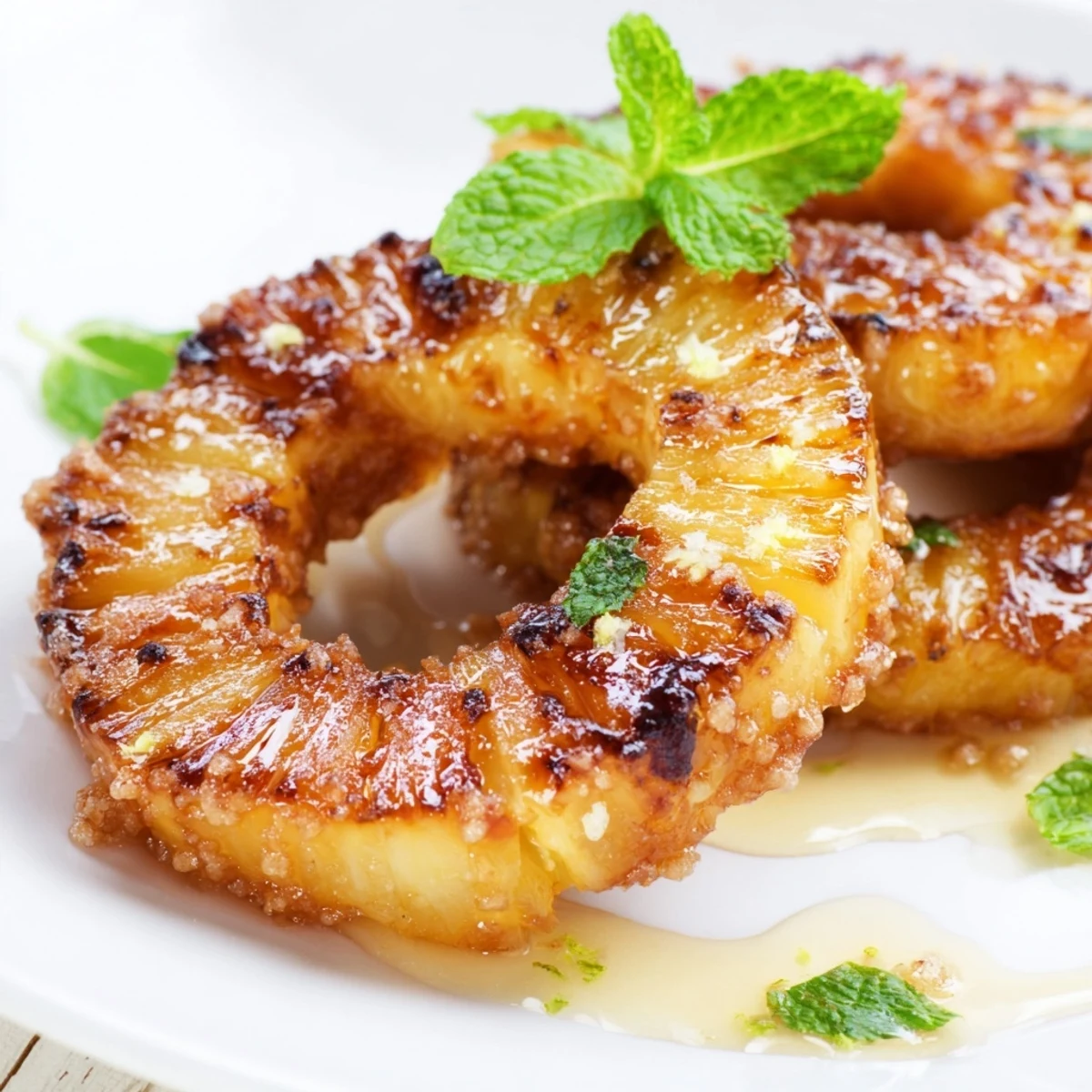 Warm caramelized pineapple rings from the air fryer drizzled with honey and fresh mint garnish
