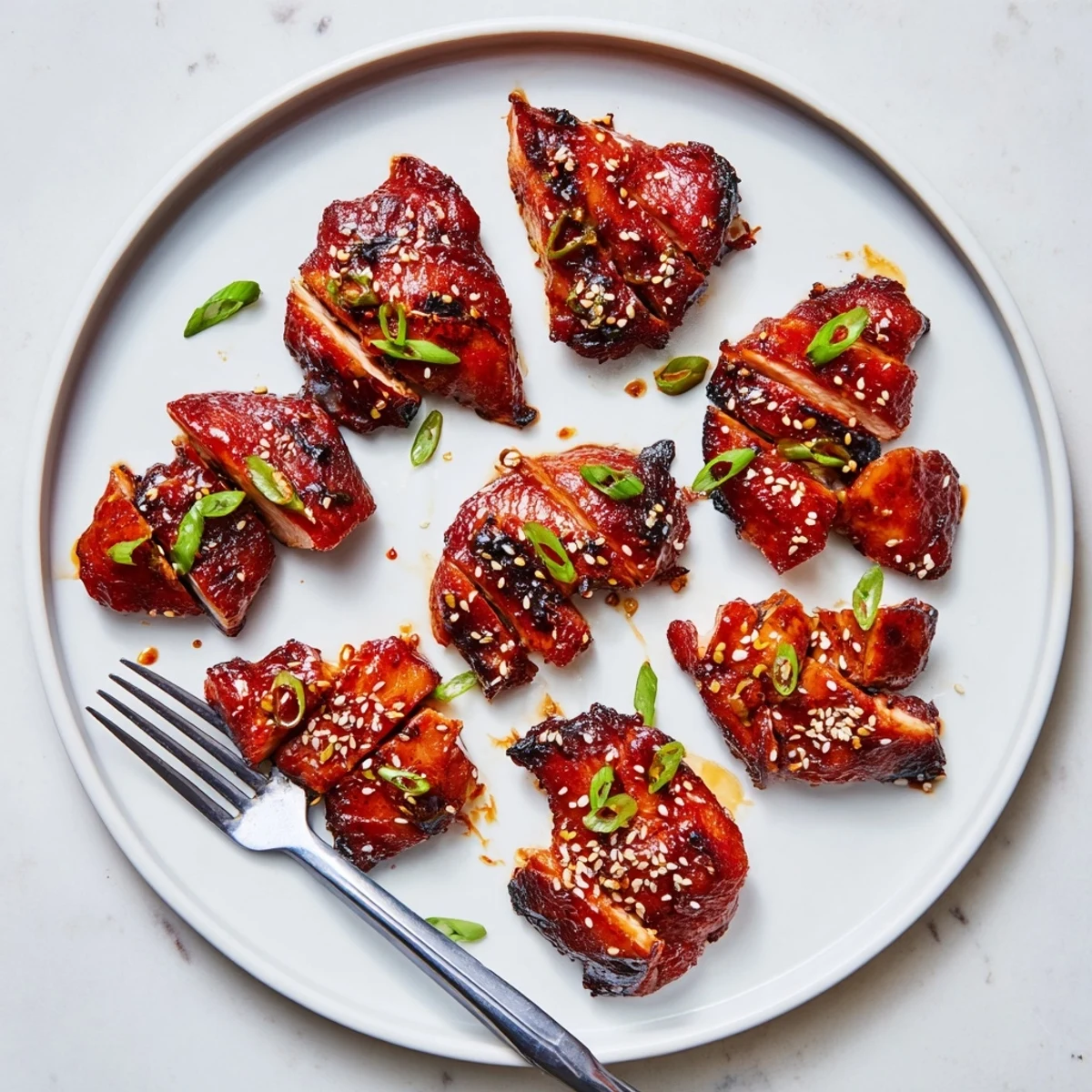 Golden glazed authentic char siu chicken pieces arranged on a white serving platter with caramelized edges