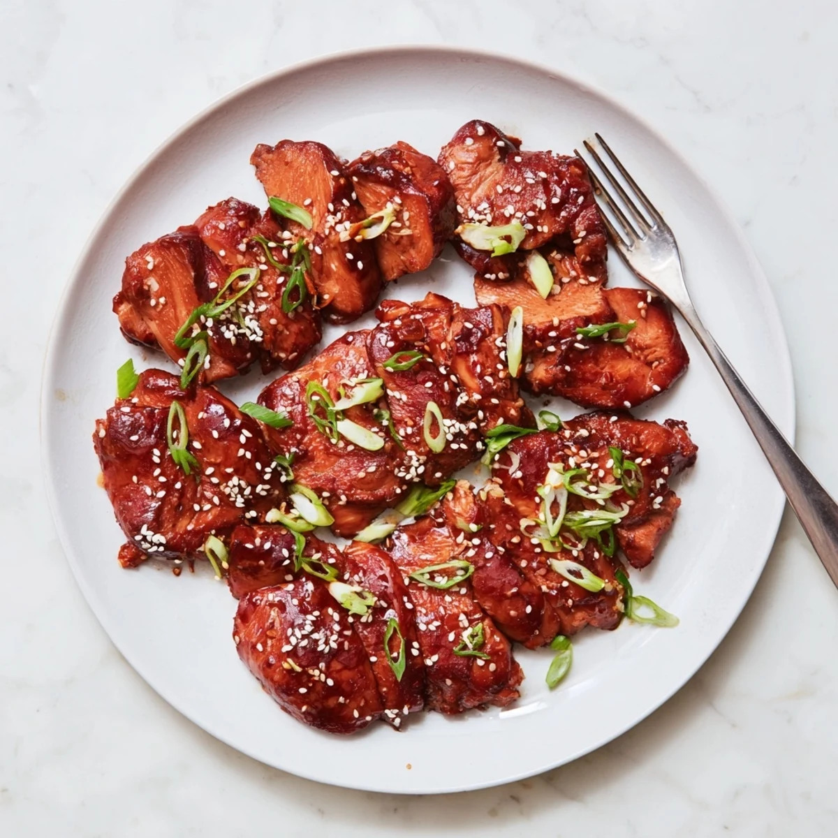 Roasted Cantonese-style authentic char siu chicken thighs brushed with sweet honey hoisin glaze and sesame seeds