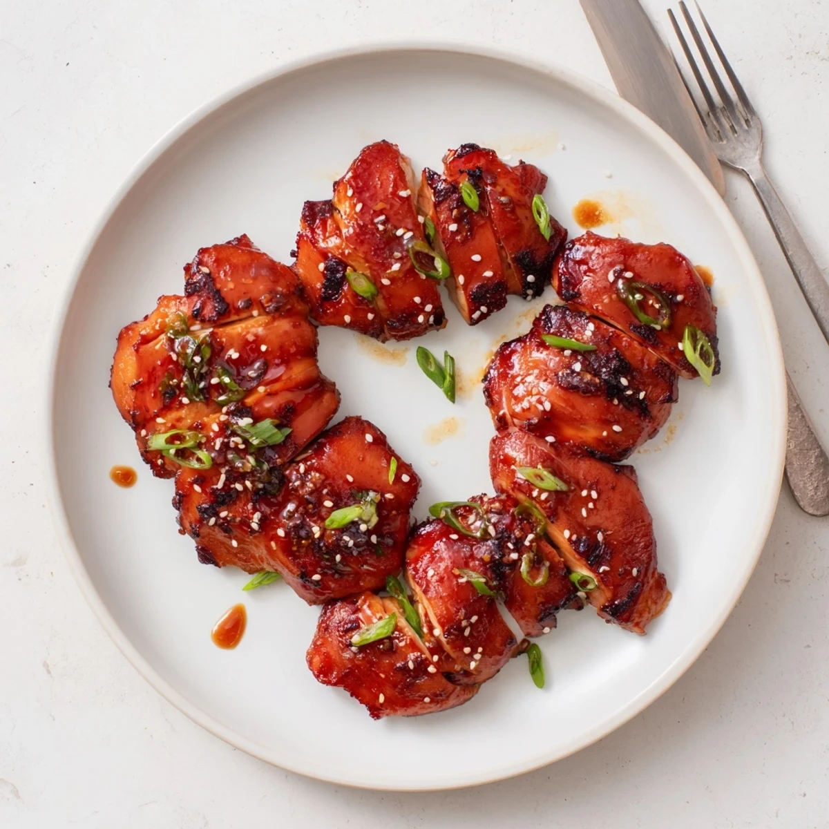 Sliced authentic char siu chicken served over steamed white rice with scallion garnish and sticky sauce drizzle