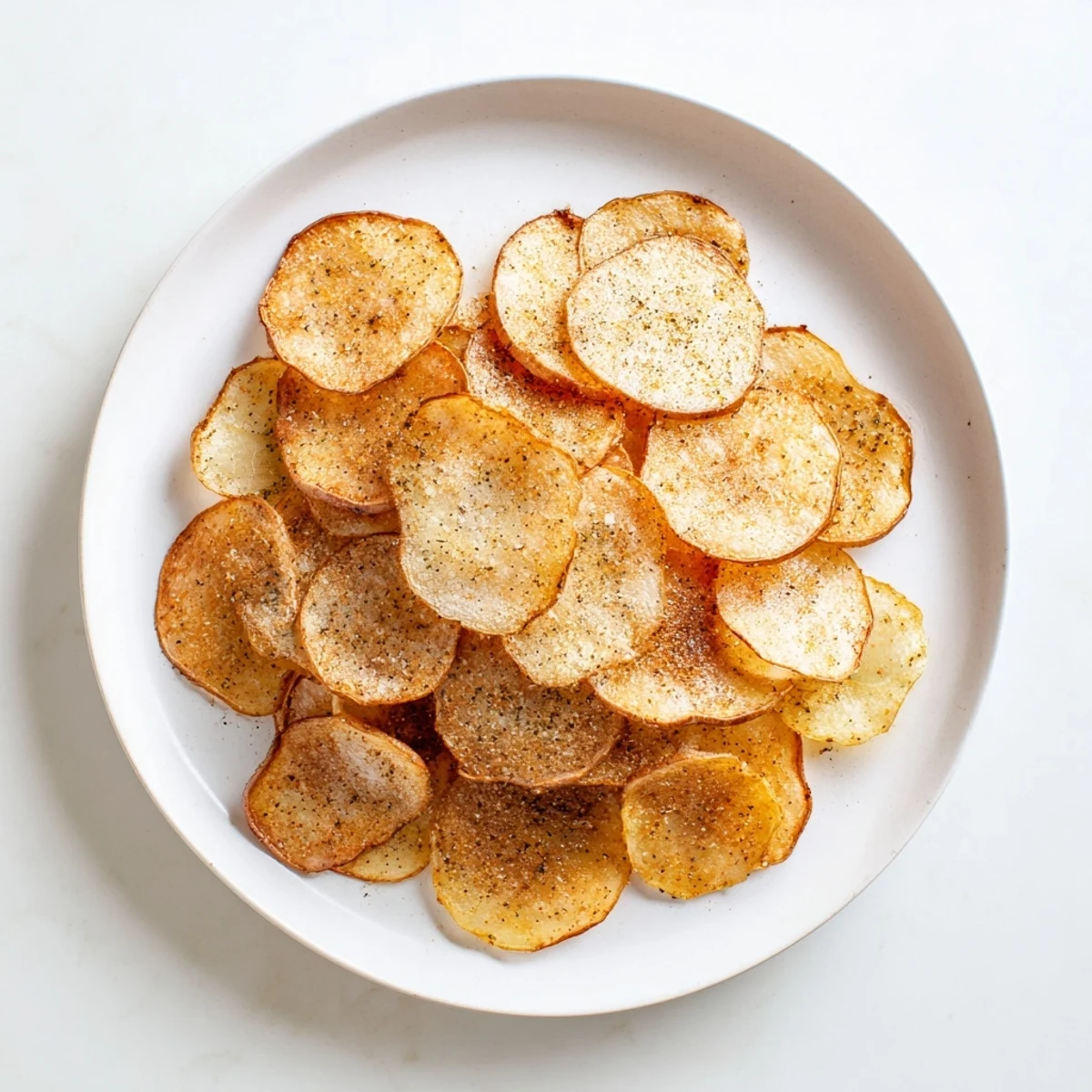 Golden air fryer radish chips arranged on a white plate, perfectly crispy and seasoned