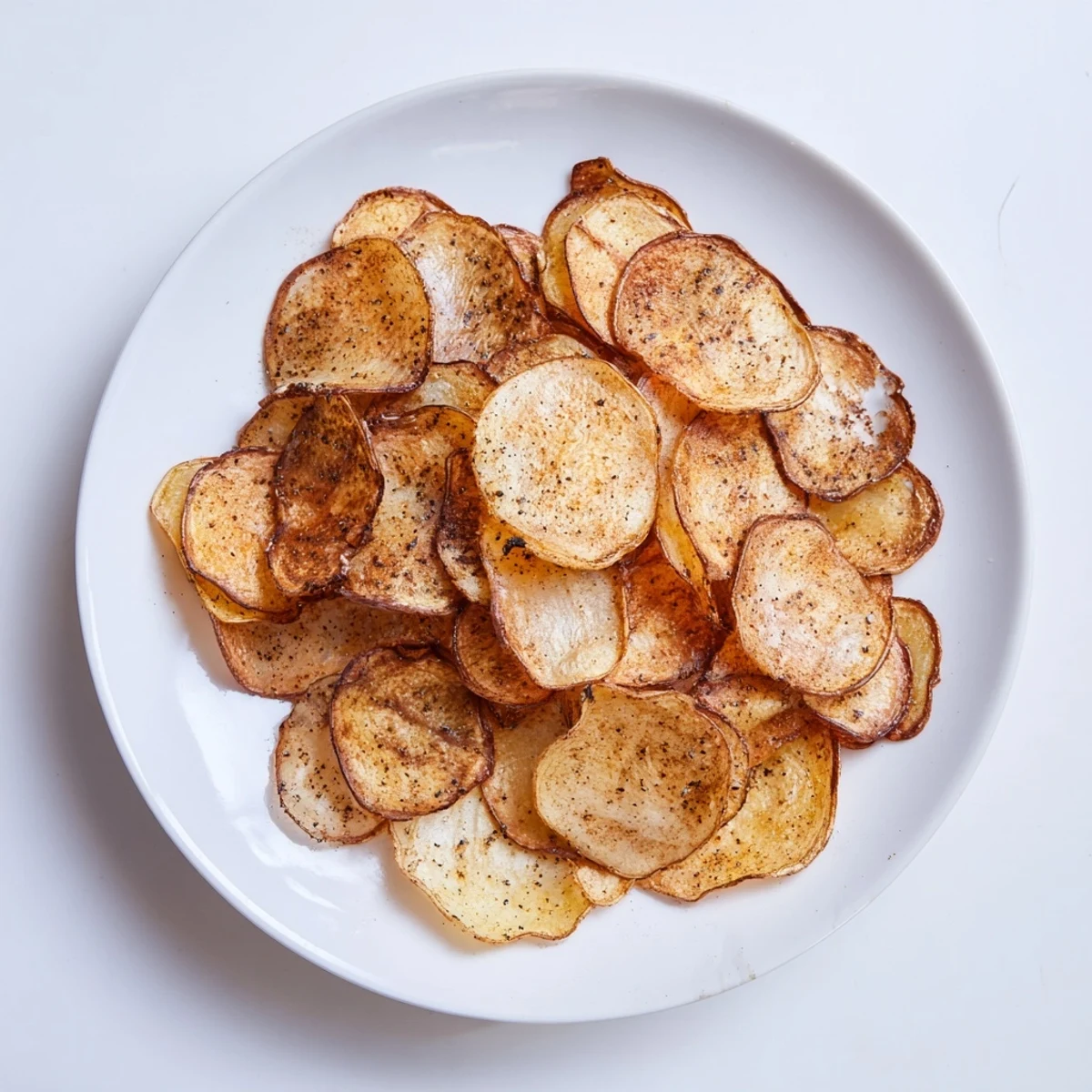 Thinly sliced radishes air fried to golden crispiness, lightly salted and ready for snacking