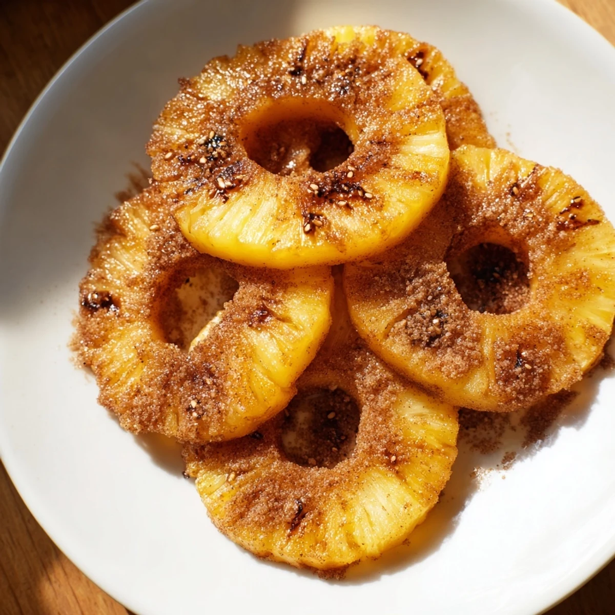 Golden brown air fryer pineapple slices dusted with cinnamon and caramelized edges