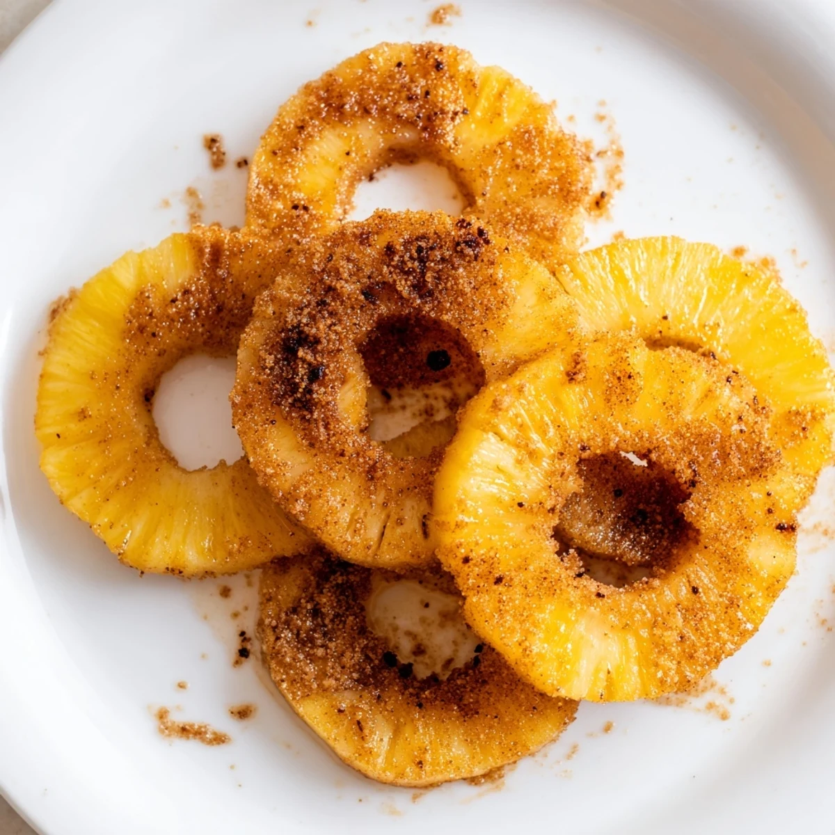 Warm caramelized air fryer pineapple sprinkled with cinnamon on white serving plate