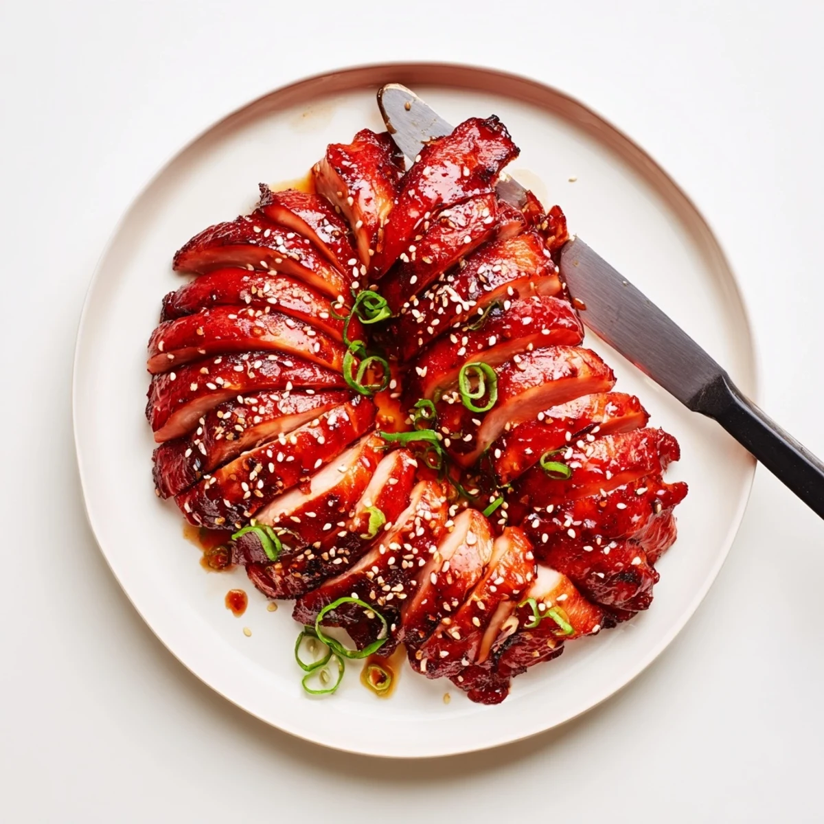 Glossy caramelized Authentic Char Siu Chicken thighs glazed with sweet hoisin honey marinade and garnished with fresh green onions and sesame seeds