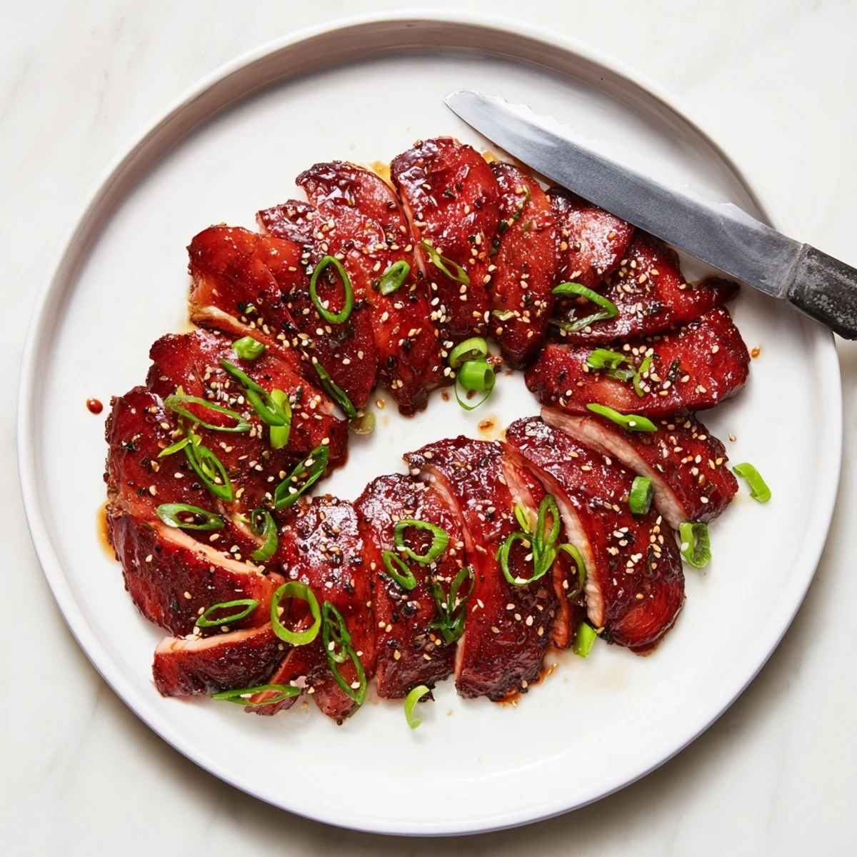 Sliced Authentic Char Siu Chicken arranged on a white plate, showcasing the juicy red glazed meat and caramelized roasted edges from basting