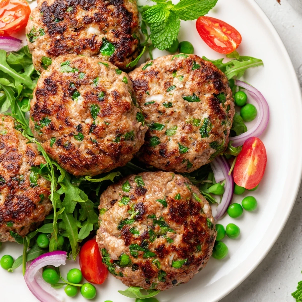 Golden brown turkey patties with paprika served alongside fresh arugula pea salad