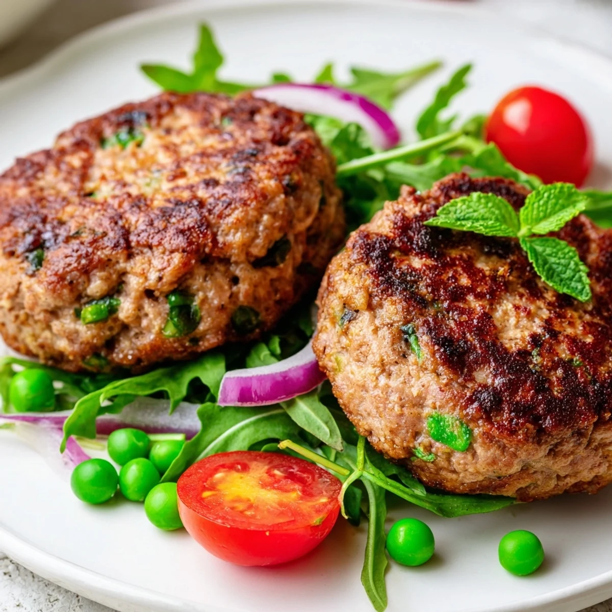 Pan-fried turkey patties paired with crisp arugula salad and sweet blanched peas