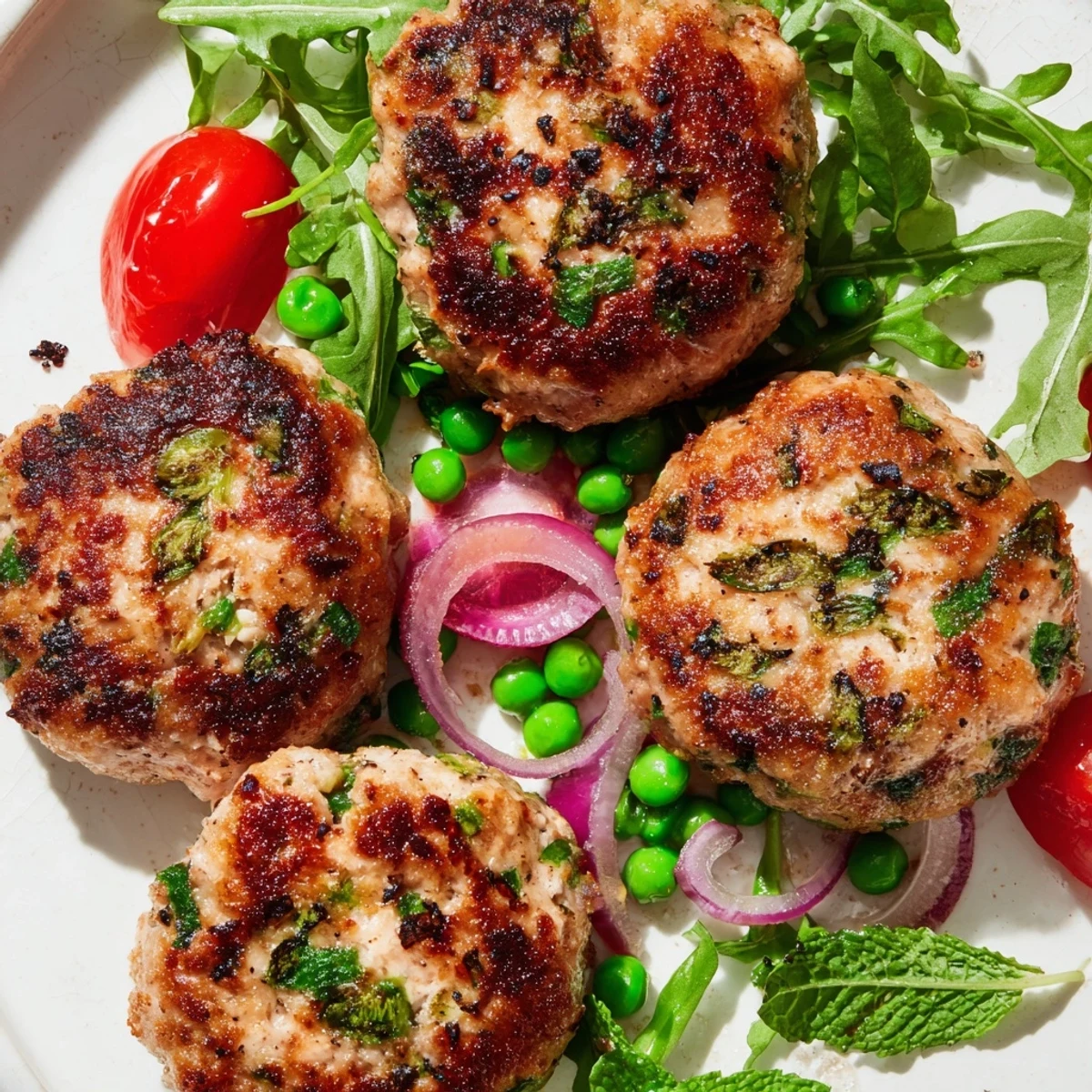Plated turkey patties with arugula featuring bright peas, mint, and cherry tomatoes