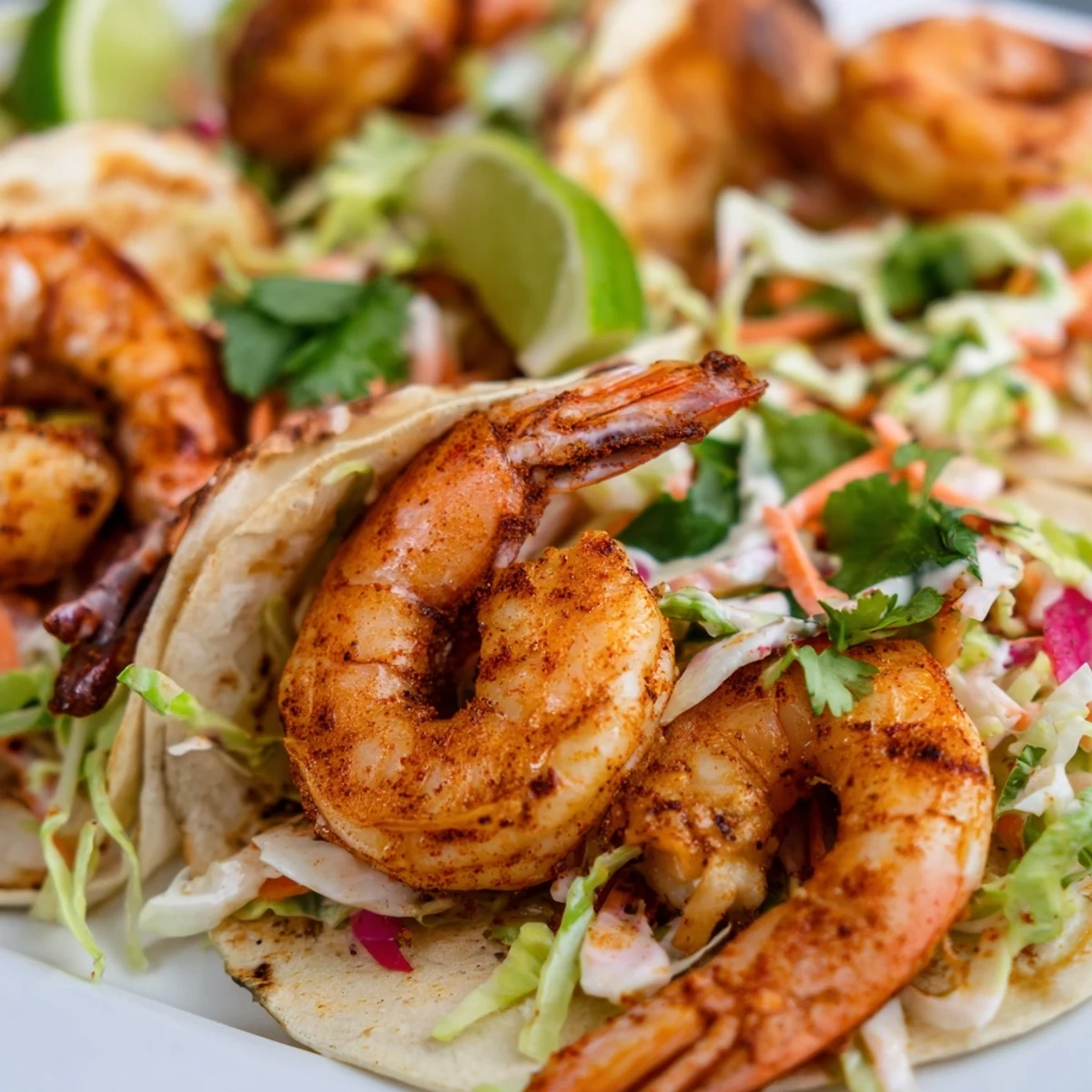 Golden seared shrimp tacos piled high with colorful purple cabbage slaw and fresh cilantro in warm white corn tortillas