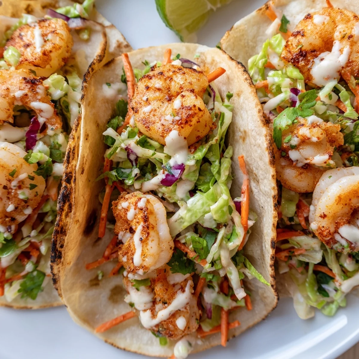 Mexican-style shrimp tacos featuring juicy seasoned seafood atop crisp red and green cabbage slaw in toasted tortilla shells