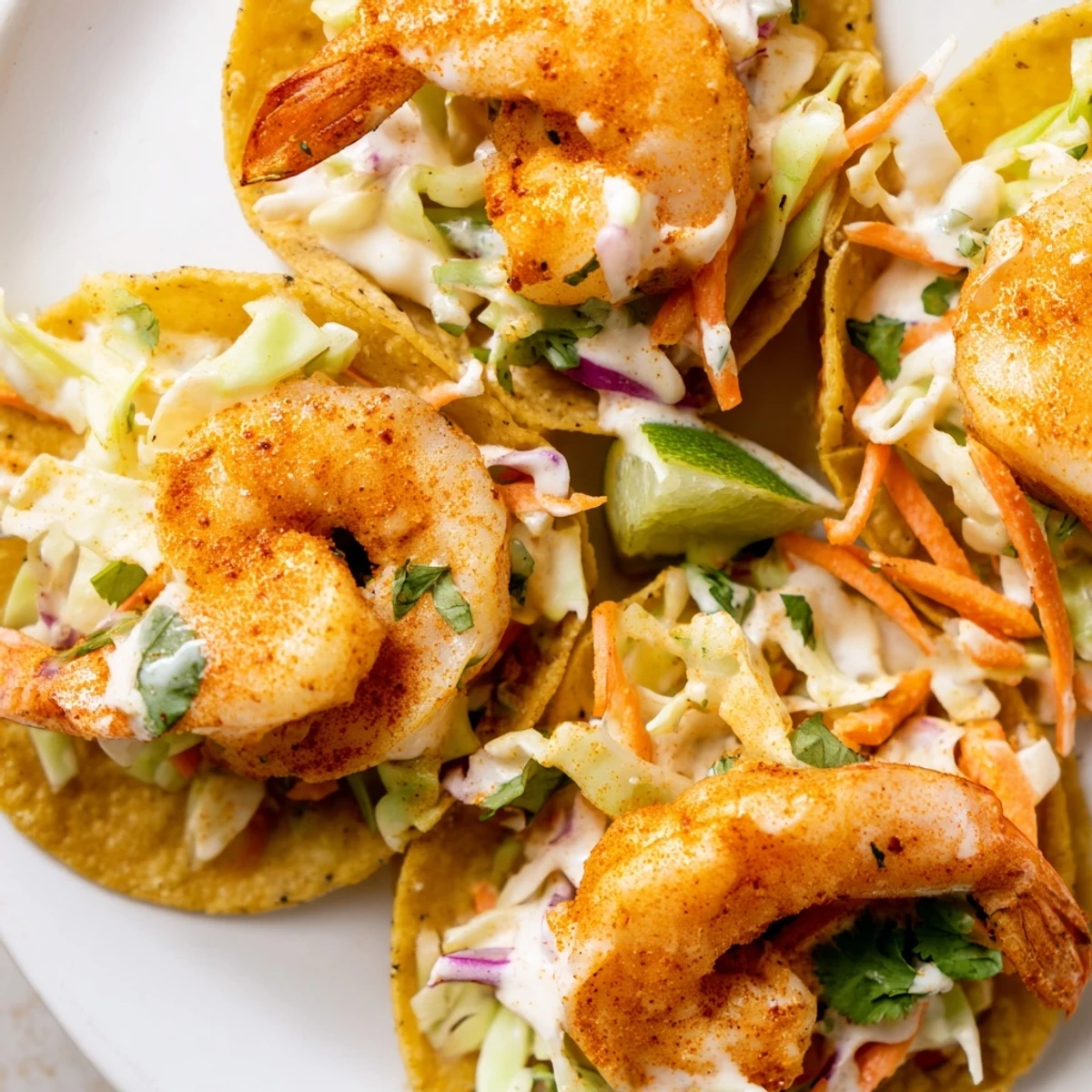 Spicy seasoned shrimp nestled inside soft flour tortillas topped with crunchy tangy coleslaw and bright lime wedges for serving