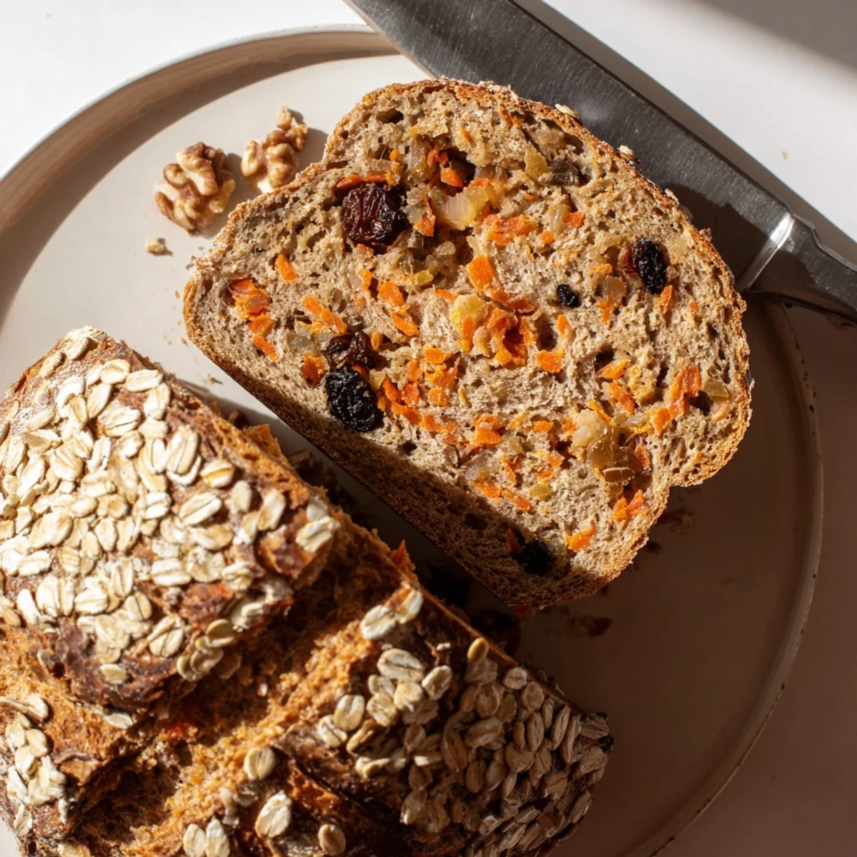 Golden brown carrot cake sourdough bread loaf studded with raisins and chopped walnuts
