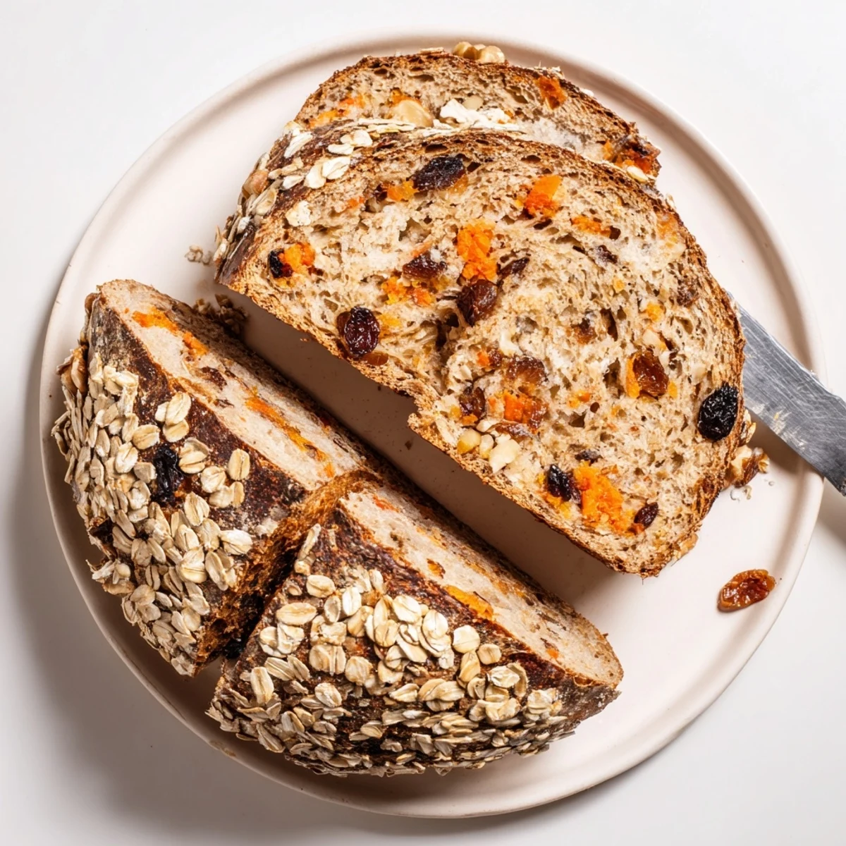 Freshly baked carrot cake sourdough with cinnamon dusted crust and oat seed topping